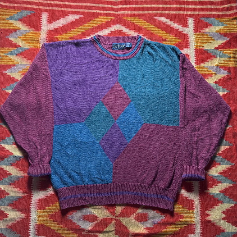 Vintage Par Four Men's Sweater Size XL Purple Teal Geometric Colorblock Diamond